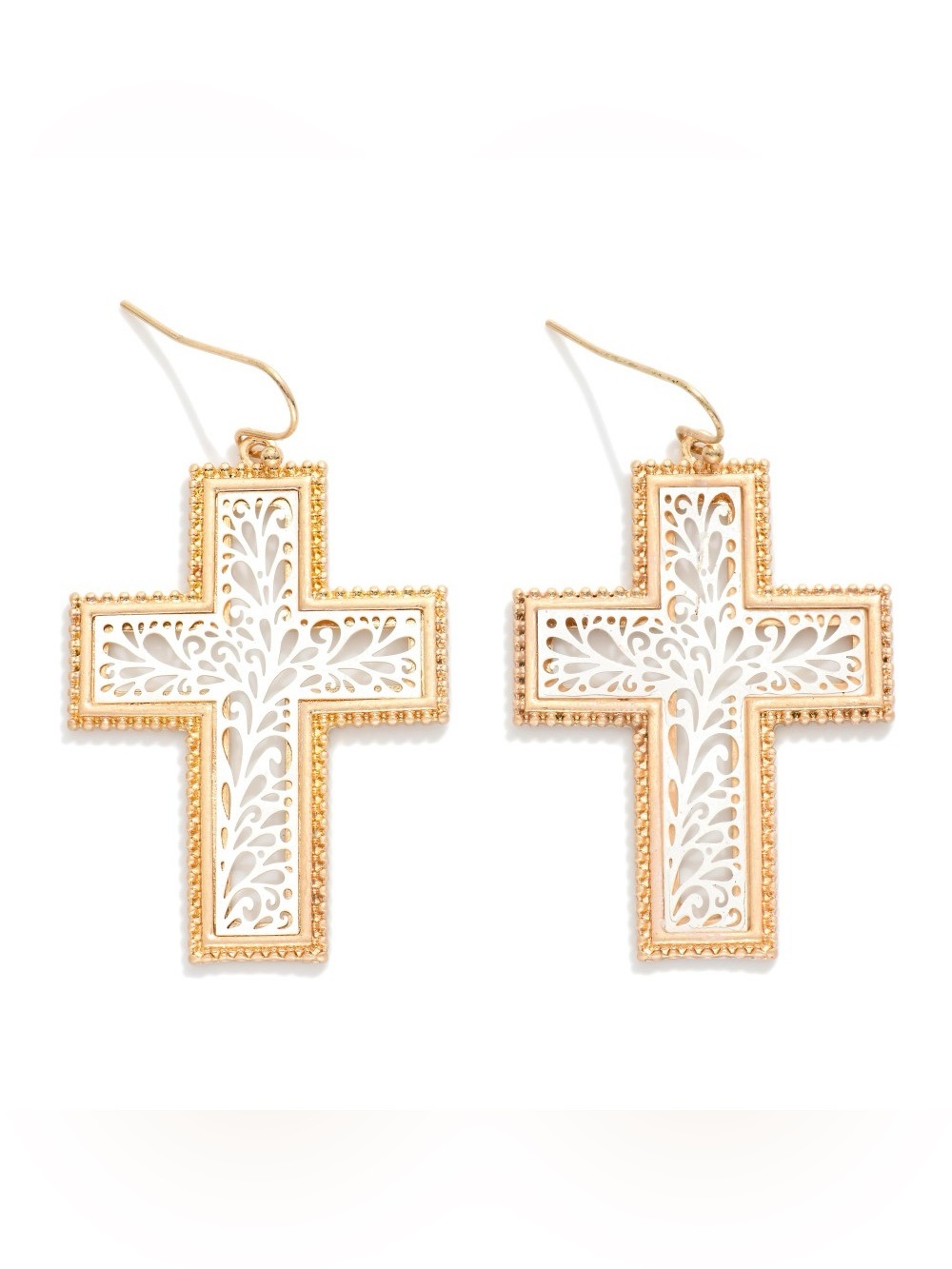Gold-tone White Filigree Cross Drop Earrings
